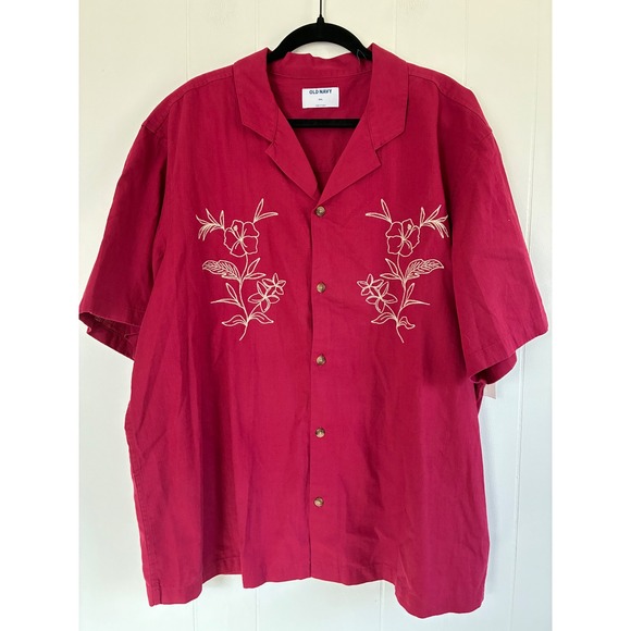 Old Navy Other - NWT Old Navy Mens XXL Red Floral Embroidered Resortwear Cotton Camp Short Sleeve